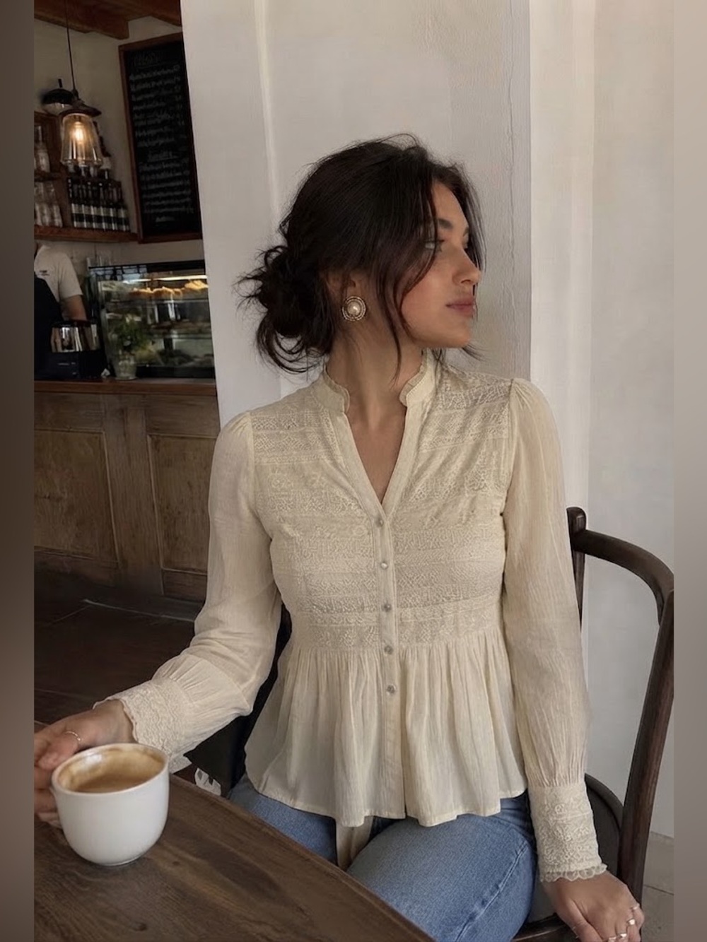 Doki-Geki Cream Lace Silk Cotton Peasant Blouse Button Down Top M Romantic
